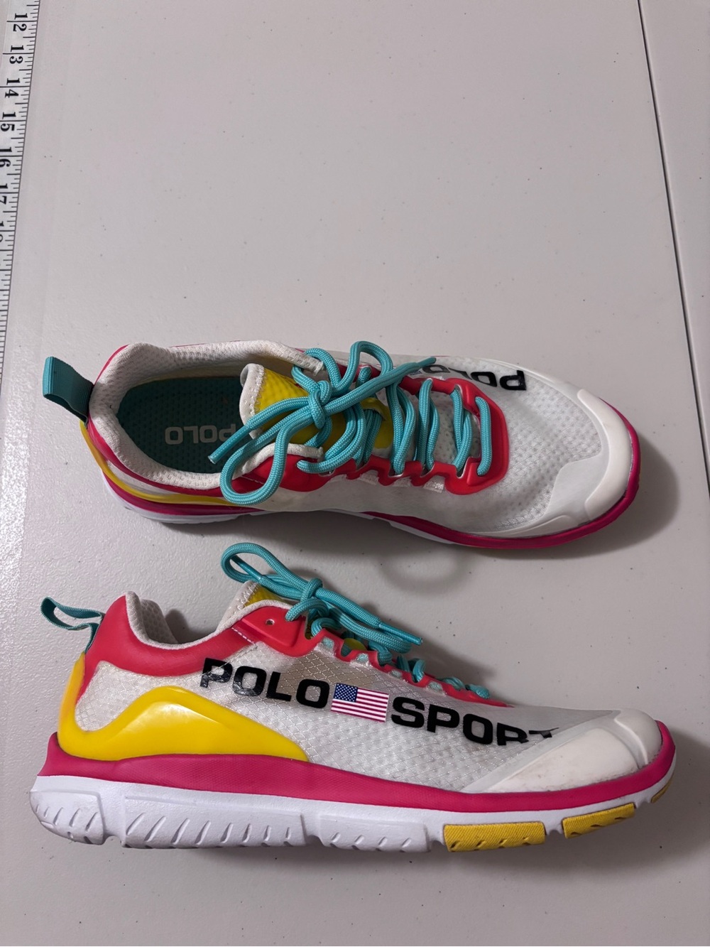 Ralph Lauren Polo Sport Womens 8.5 Tech Racer Athletic Shoes Yellow Coral Retro - Picture 2 of 9